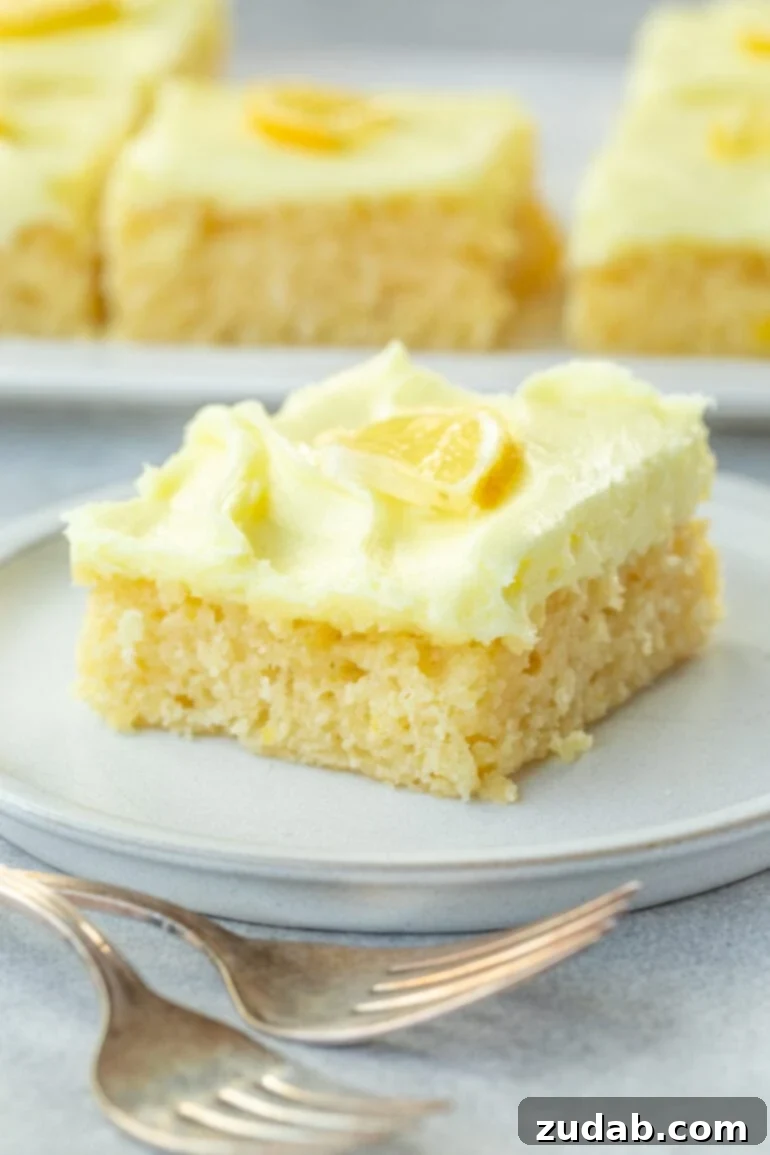 Zesty Lemon Cake with Lemon Cream Cheese Frosting 2 A square slice of incredibly moist lemon cake, richly topped with bright lemon cream cheese frosting and garnished with a thin slice of fresh lemon.