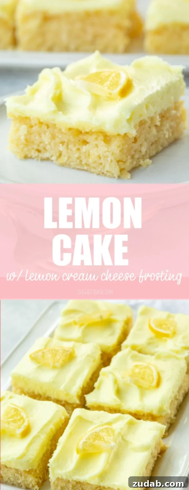 Zesty Lemon Cake with Lemon Cream Cheese Frosting 10 Several square slices of moist lemon cake sitting on a serving tray, each topped with a dollop of lemon cream cheese frosting and a small slice of fresh lemon.