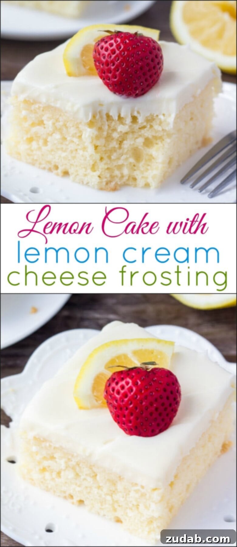 Zesty Lemon Cake with Lemon Cream Cheese Frosting 9 A close-up of a large piece of lemon cake with thick lemon cream cheese frosting on a serving plate.
