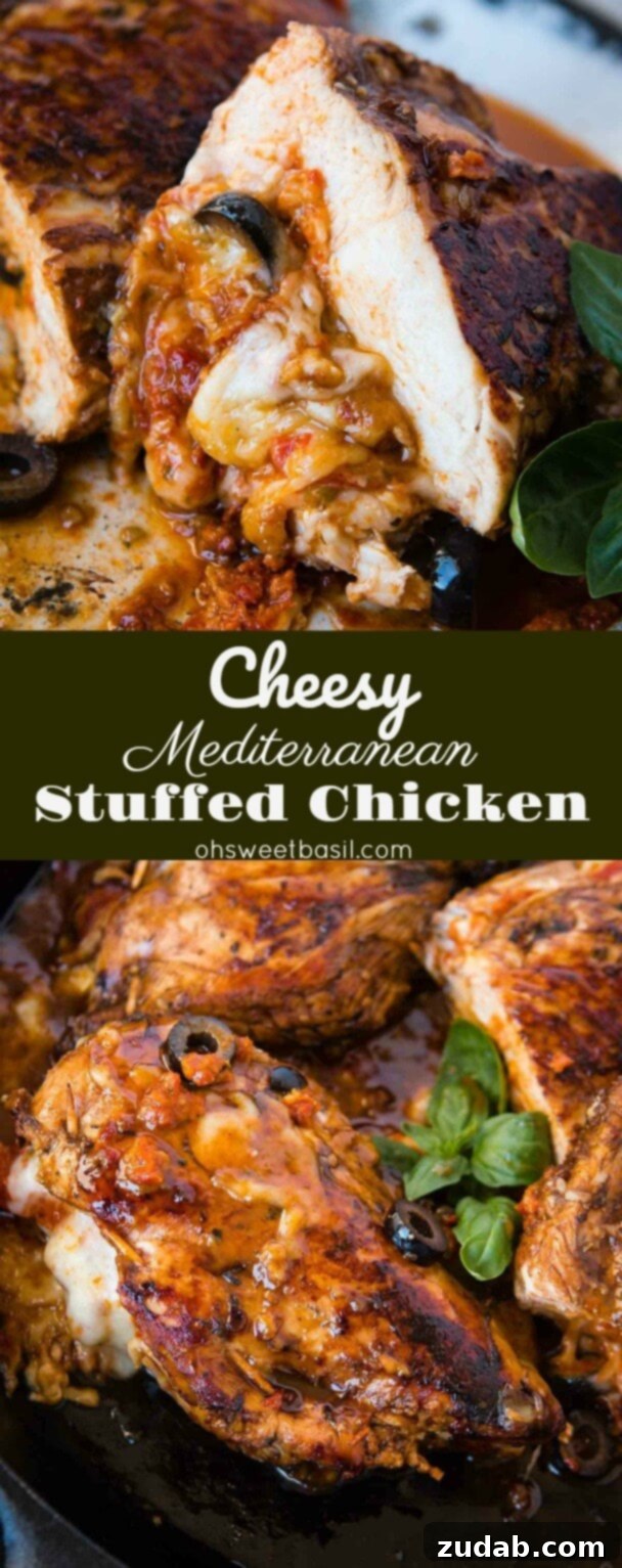 The ultimate Cheesy Stuffed Mediterranean Chicken recipe: a quick, easy, and healthy dinner infused with balsamic marinade, sun-dried tomatoes, olives, and cheese. Beautifully plated Cheesy Stuffed Mediterranean Chicken, ready to be enjoyed as a gourmet yet easy healthy dinner, rich in sun-dried tomatoes, olives, and cheese.