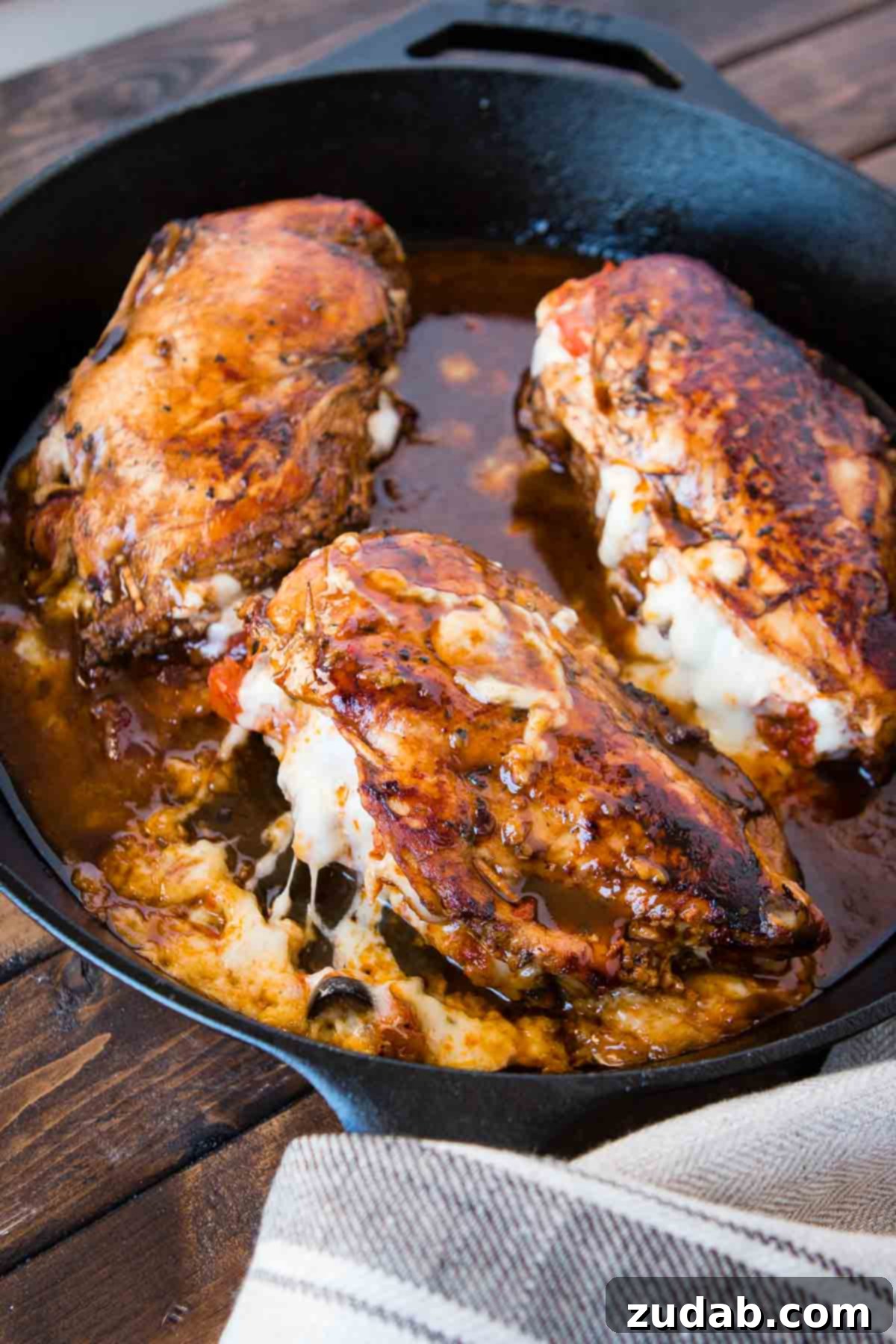 A wholesome Cheesy Stuffed Mediterranean Chicken dinner, packed with sun-dried tomatoes, olives, and cheese, offering a quick and easy healthy meal solution. Close-up of a perfectly cooked Cheesy Stuffed Mediterranean Chicken breast, showcasing the golden-brown exterior and hints of savory filling, ideal for a quick and healthy meal.