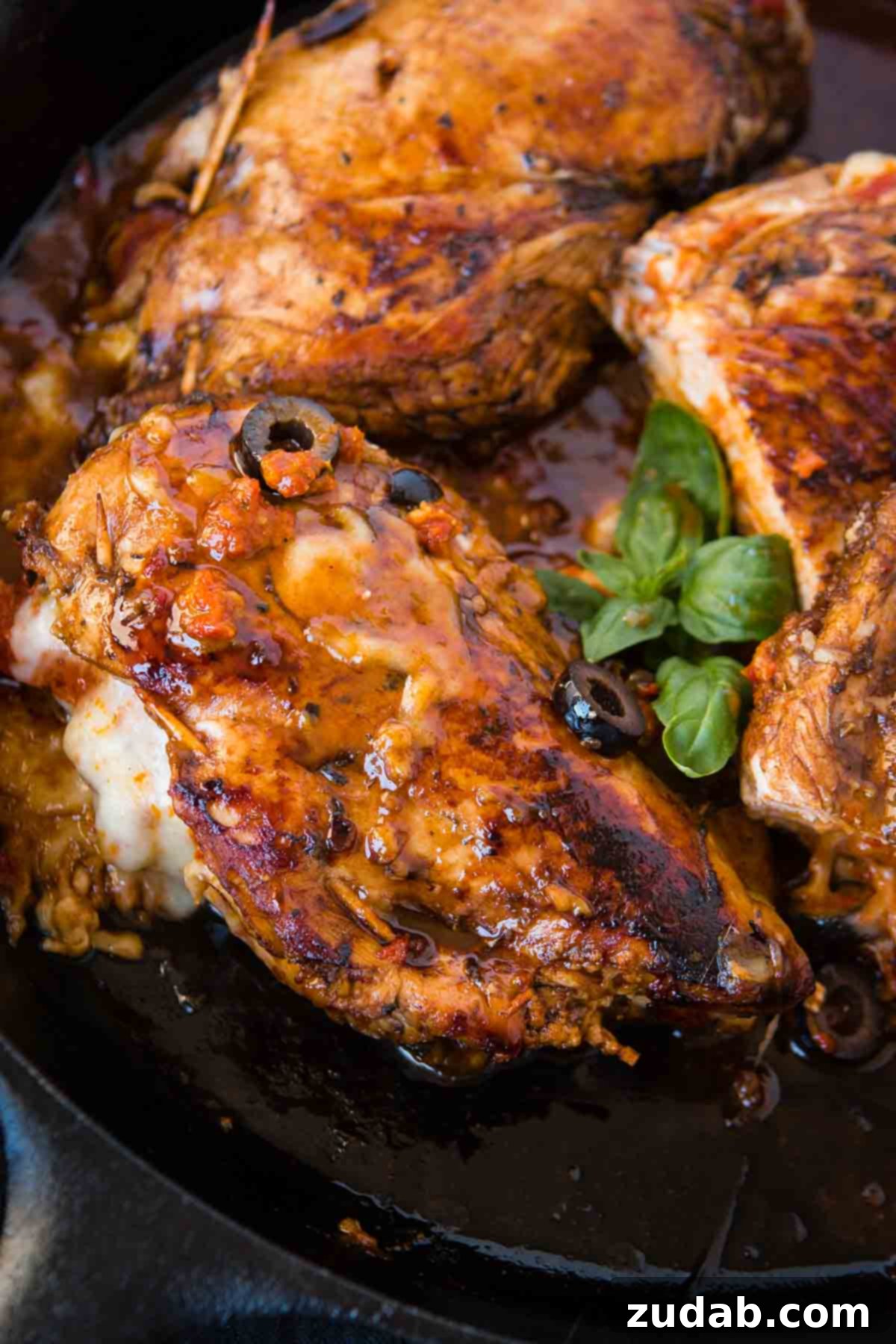 Indulge in this Cheesy Stuffed Mediterranean Chicken, a quick and easy healthy dinner recipe loaded with sun-dried tomatoes, olives, and cheese, enhanced by a balsamic marinade. Close-up of a slice of Cheesy Stuffed Mediterranean Chicken, revealing the gooey mozzarella, vibrant sun-dried tomato pesto, fresh spinach, and savory olives inside.