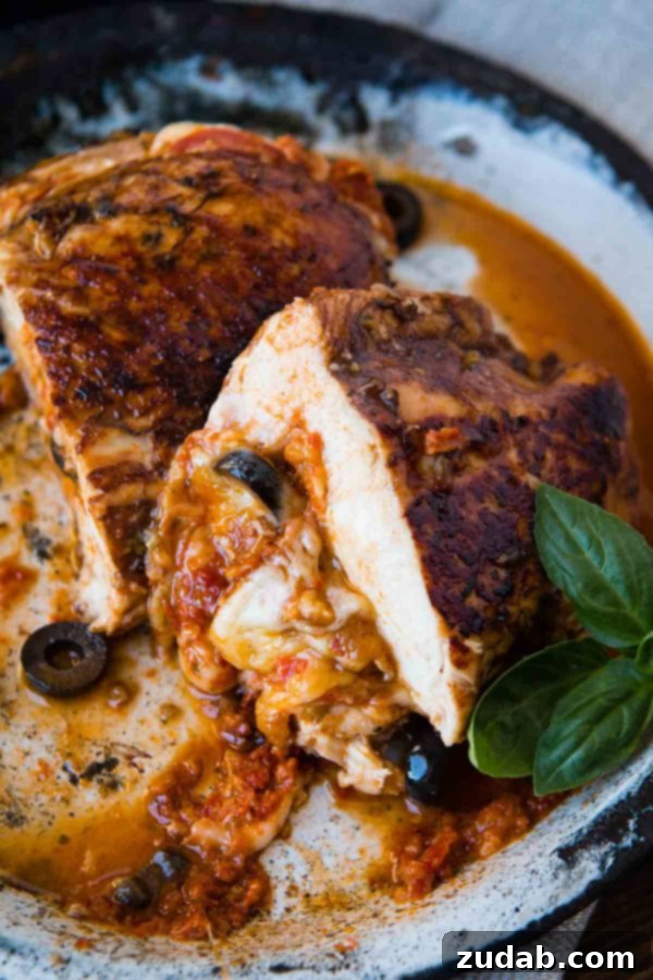 Enjoy this Cheesy Stuffed Mediterranean Chicken, a quick and easy healthy dinner recipe featuring sun-dried tomatoes, olives, cheese, and a balsamic marinade. A serving of Cheesy Stuffed Mediterranean Chicken, accompanied by a side of fresh salad, making for a delicious and balanced meal.