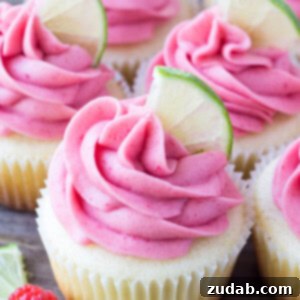 Cloud Nine Raspberry Lime Cupcakes 2 A beautifully decorated Raspberry Lime Cupcake, showcasing the delicate frosting swirls and fresh lime zest.