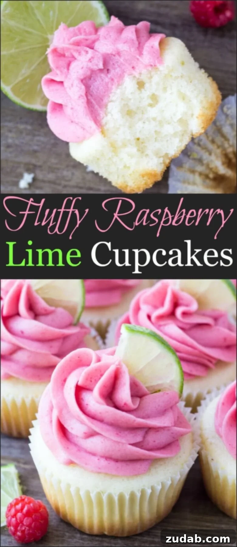 Beautifully presented Raspberry Lime Cupcakes. A stunning spread of finished Raspberry Lime Cupcakes, ready to serve at a party or special event.