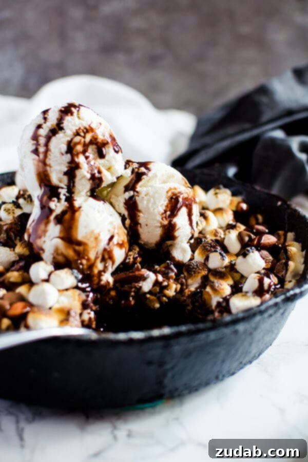 Ooey-Gooey S'mores Brownies 5 Out of this world decadent skillet rock road brownie. This brownie is made right in the pan and is done in less than 30 minutes. It's the perfect sweet and salty dessert to share with friends over a pint of ice cream.