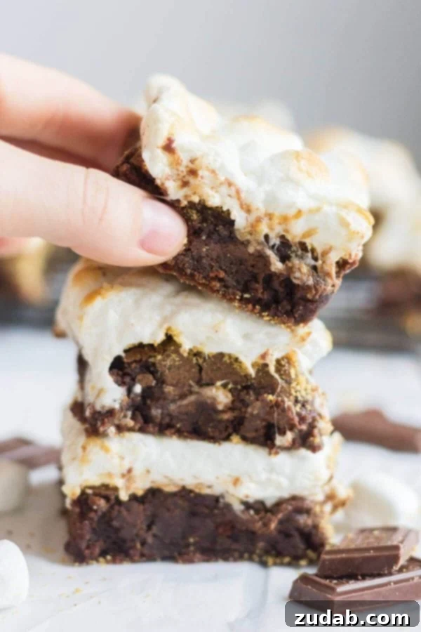 Perfectly Toasted Marshmallows: The Crowning Glory of S'mores Brownies These chewy brownies are our best s'mores brownies recipe. Layered with Hershey's chocolate and graham cracker crumbs and topped with toasted marshmallows.