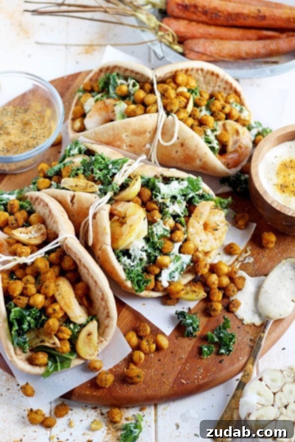 Fresh Ingredients for Your Pita Fresh, healthy ingredients for roasted chickpea pitas: kale, shrimp, and dressing.