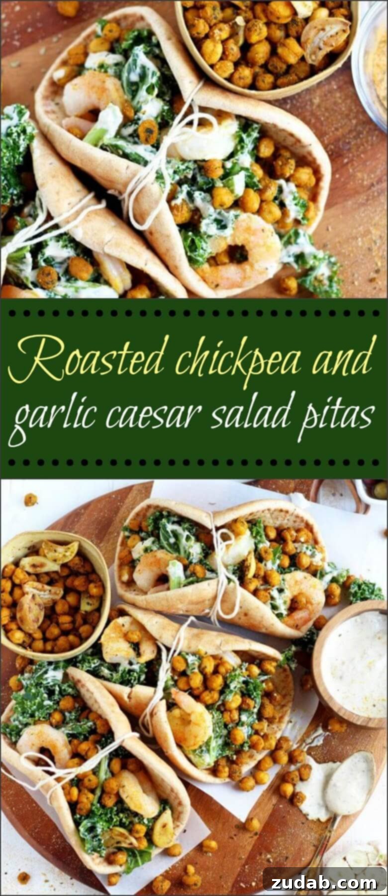 Crispy Garlic Chickpea Caesar Pitas 3 A beautifully arranged serving of roasted chickpea and garlic Caesar salad pitas.