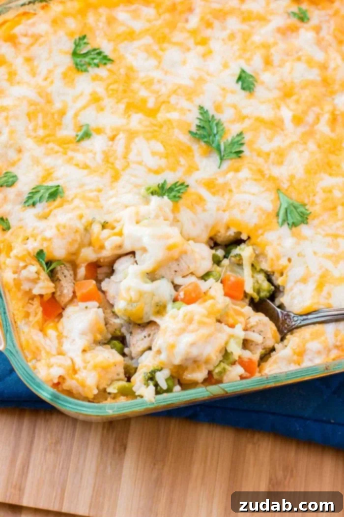 Serving Cheesy Chicken and Rice Casserole: Hot, cheesy, and utterly comforting for any dinner table. A generous serving of gooey cheesy chicken and rice bake being scooped from a large baking pan, ready to be enjoyed as a comforting meal.