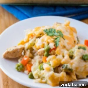 A delicious Cheesy Chicken and Rice Casserole, a quick and easy dinner idea that's a viral family favorite.