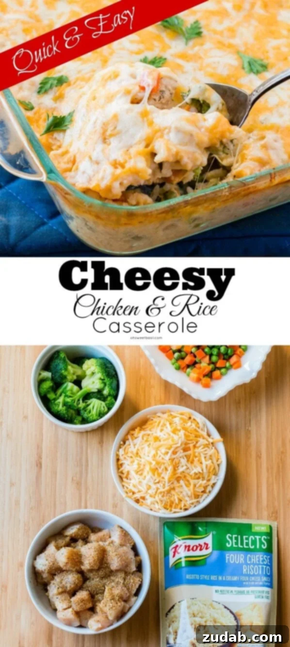 The perfect Cheesy Chicken and Rice Casserole: A fast, easy, and satisfying dinner for any night. A vibrant, close-up shot of the cheesy chicken and rice casserole, showcasing the rich texture and melted cheese, ready for serving.