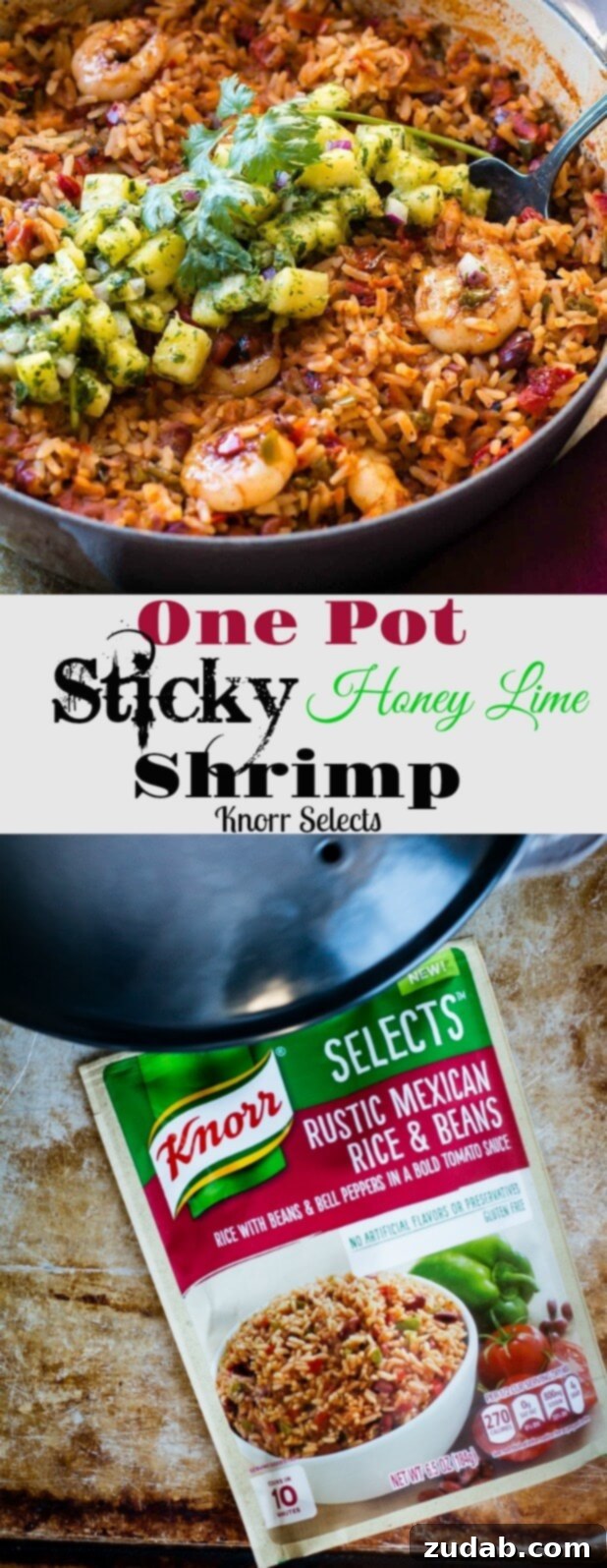One Pot Sticky Honey Lime Shrimp with Pineapple Chimichurri, a quick and delicious 20-minute meal with spicy Mexican rice, peppers, beans, and shrimp, topped with honey lime sauce and fresh chimichurri.