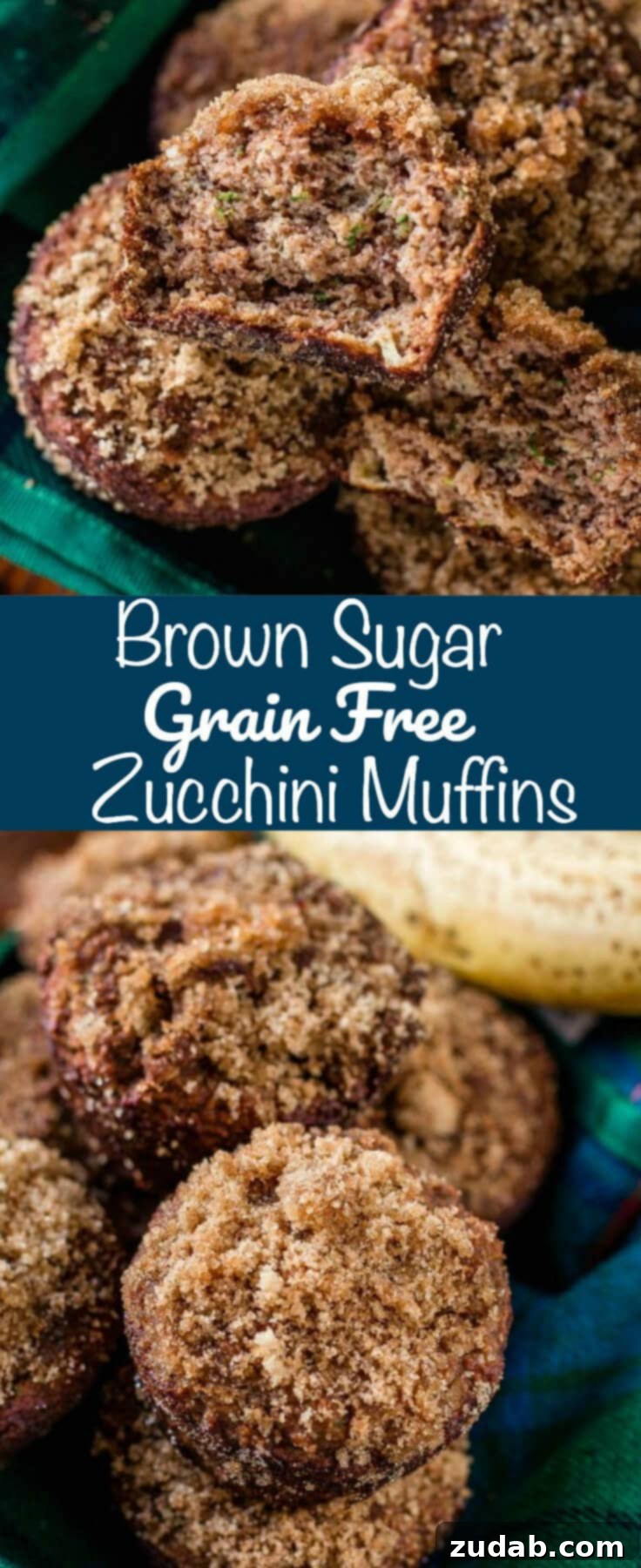 Enjoy these delightful Brown Sugar Grain-Free Zucchini Muffins, a healthy and organic breakfast option for your family. Close-up of a perfectly baked Brown Sugar Grain-Free Zucchini Muffin, showcasing its moist crumb and rich flavor profile.