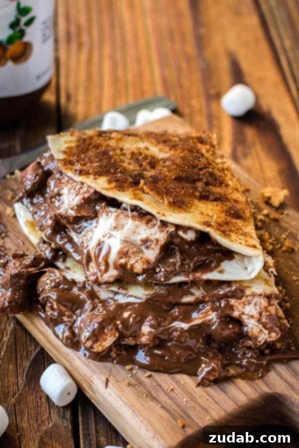 Delicious grilled s'mores dessert quesadillas filled with Nutella and marshmallows, perfectly toasted.