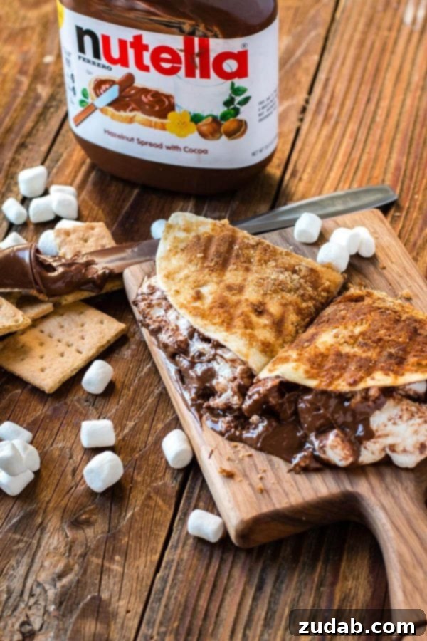 Close-up of a grilled s'mores quesadilla, showing melted Nutella and toasted marshmallows oozing out.