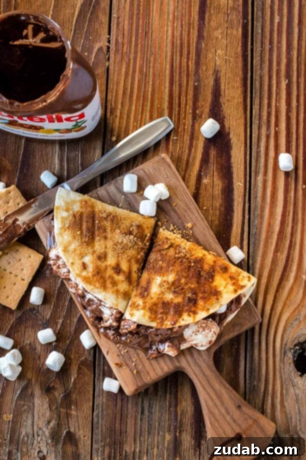 A close-up shot of a grilled s'mores dessert quesadilla, showing the crispy graham cracker and brown sugar crust.