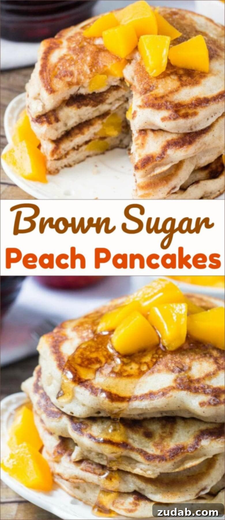 Delicious brown sugar peach pancakes, ready for breakfast. A large, beautifully composed image of stacked brown sugar peach pancakes with syrup and fresh peaches, enticing readers to try the recipe.