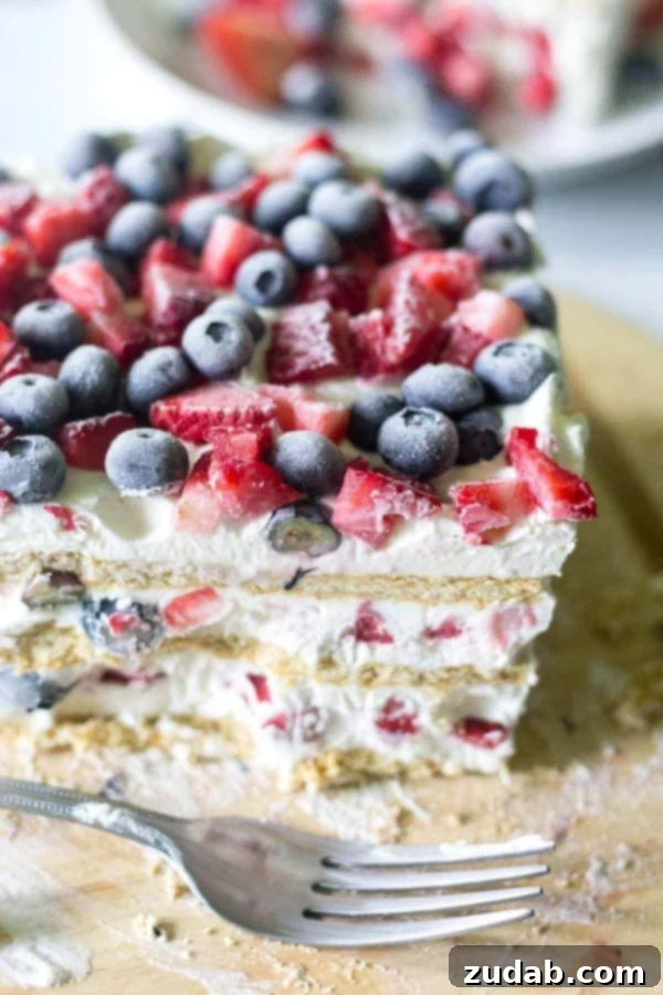 Red, White, and Blue Icebox Cake: Your Ultimate No-Bake 4th of July Dessert Looking for the ultimate 4th of July dessert? This Red White and Blue Icebox Cake is a simple and festive recipe for a crowd! No baking required and only a few ingredients to layer and put this icebox cake together! whip cream, blueberries, strawberries, graham crackers