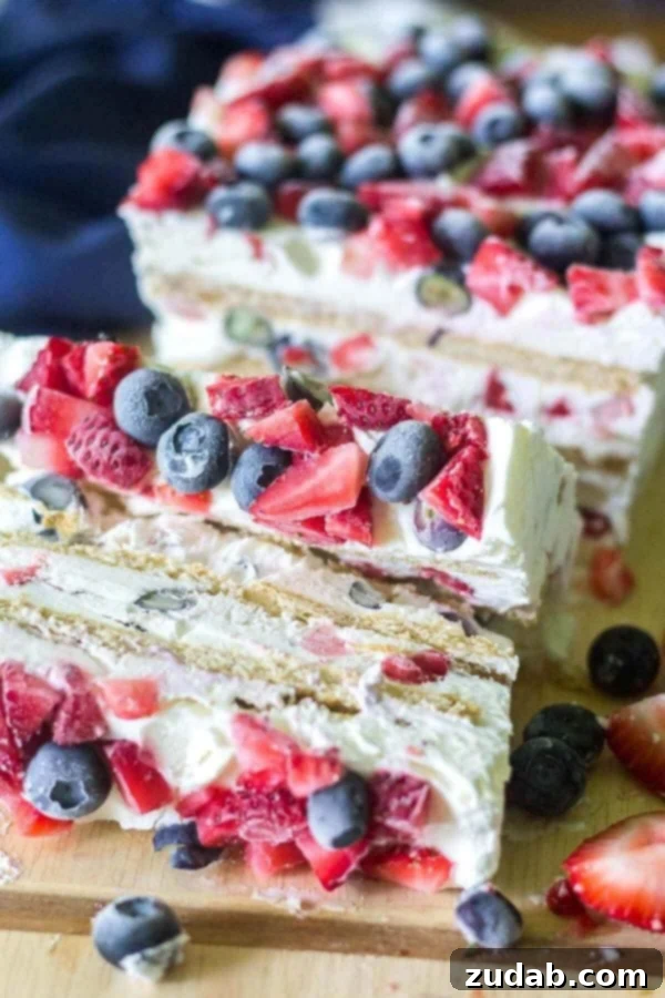Simple No-Bake Icebox Cake with Berries for Summer Looking for the ultimate 4th of July dessert? This Red White and Blue Icebox Cake is a simple and festive recipe for a crowd! No baking required and only a few ingredients to layer and put this icebox cake together! whip cream, blueberries, strawberries, graham crackers