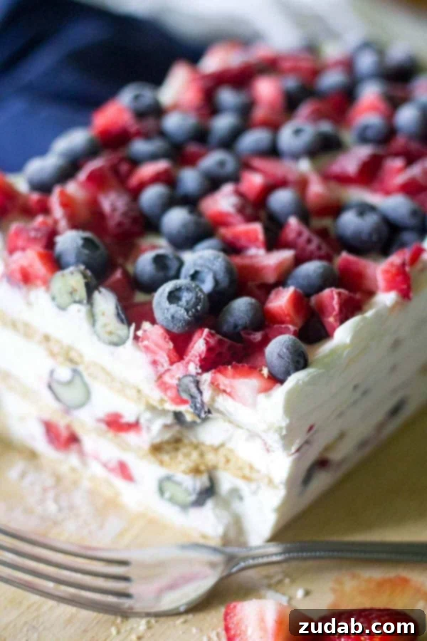 Easy Layered Red White and Blue Dessert for a Crowd Looking for the ultimate 4th of July dessert? This Red White and Blue Icebox Cake is a simple and festive recipe for a crowd! No baking required and only a few ingredients to layer and put this icebox cake together! whip cream, blueberries, strawberries, graham crackers