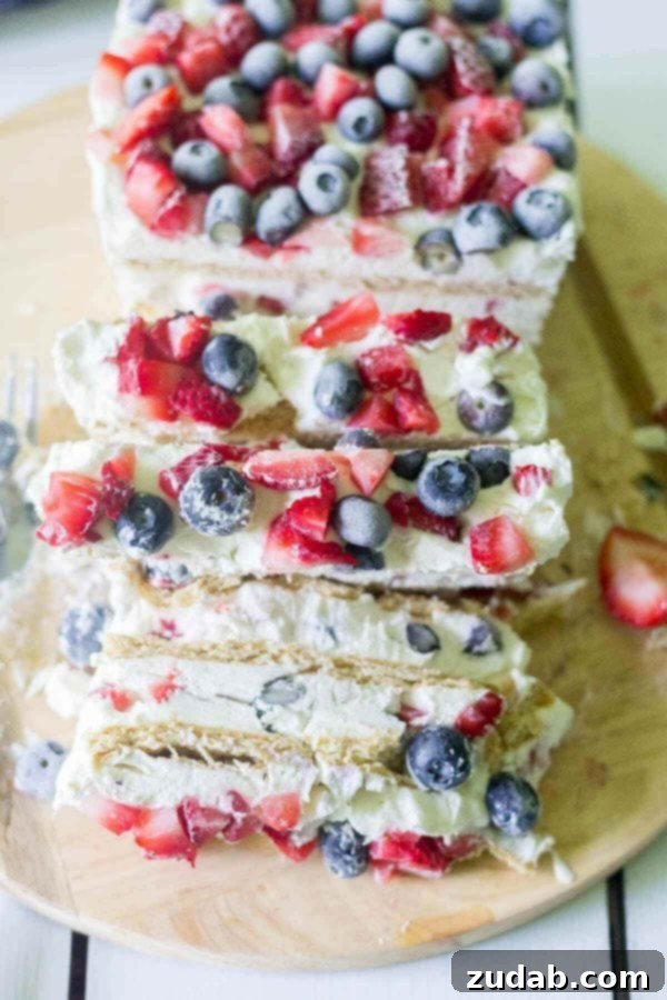 No-Bake Patriotic Dessert with Fresh Berries and Graham Crackers Looking for the ultimate 4th of July dessert? This Red White and Blue Icebox Cake is a simple and festive recipe for a crowd! No baking required and only a few ingredients to layer and put this icebox cake together! whip cream, blueberries, strawberries, graham crackers
