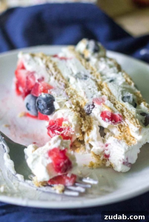 Tips for Slicing an Icebox Cake Looking for the ultimate 4th of July dessert? This Red White and Blue Icebox Cake is a simple and festive recipe for a crowd! No baking required and only a few ingredients to layer and put this icebox cake together! whip cream, blueberries, strawberries, graham crackers