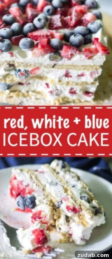 Easy Summer Dessert Ideas: Icebox Cake Looking for the ultimate 4th of July dessert? This Red White and Blue Icebox Cake is a simple and festive recipe for a crowd! No baking required and only a few ingredients to layer and put this icebox cake together! whip cream, blueberries, strawberries, graham crackers