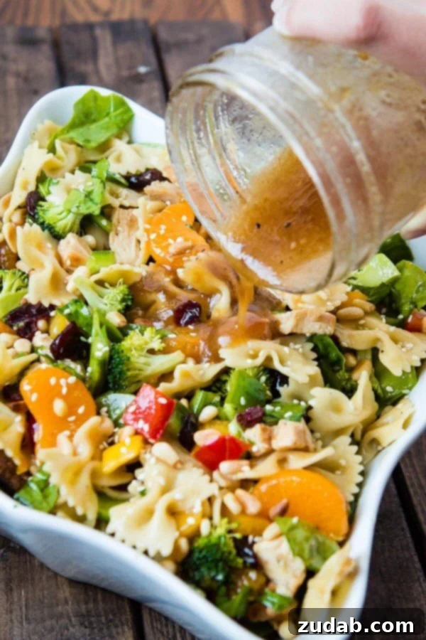 Teriyaki Chicken Pasta Salad: A Burst of Asian-Inspired Flavors Teriyaki Chicken loaded with crisp veggies, juicy mandarin oranges, tender pasta, and savory sesame dressing creates the ultimate Teriyaki Chicken Pasta Salad.