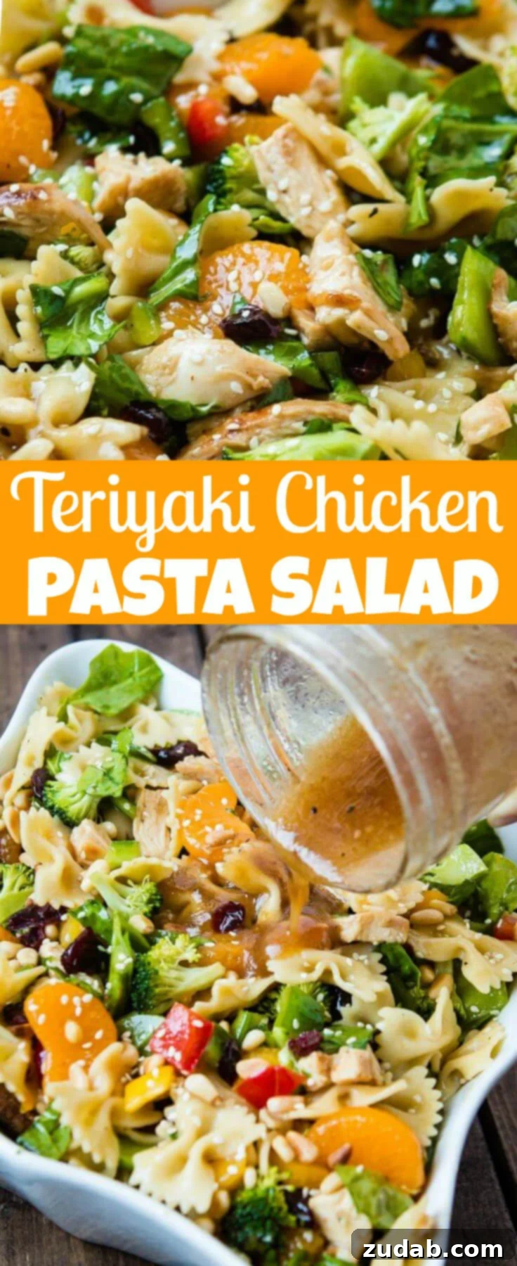 Teriyaki Chicken Pasta Salad: A Perfect Potluck Dish A large bowl of colorful Teriyaki Chicken Pasta Salad, ready to be served as a complete and satisfying meal.