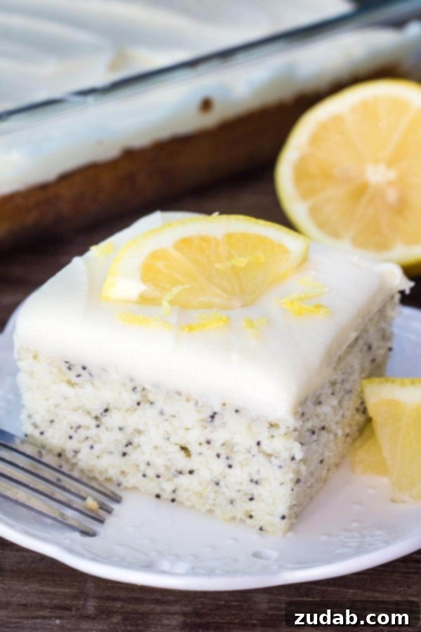 This Lemon Poppy Seed Cake with Cream Cheese Frosting is soft, moist & deliciously buttery with a fresh lemon flavor. Dotted with poppy seeds & topped with cream cheese frosting - it's the perfect dessert for lemon lovers!