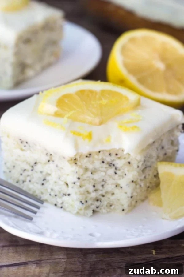 This Lemon Poppy Seed Cake with Cream Cheese Frosting is soft, moist & deliciously buttery with a fresh lemon flavor. Dotted with poppy seeds & topped with cream cheese frosting - it's the perfect dessert for lemon lovers!