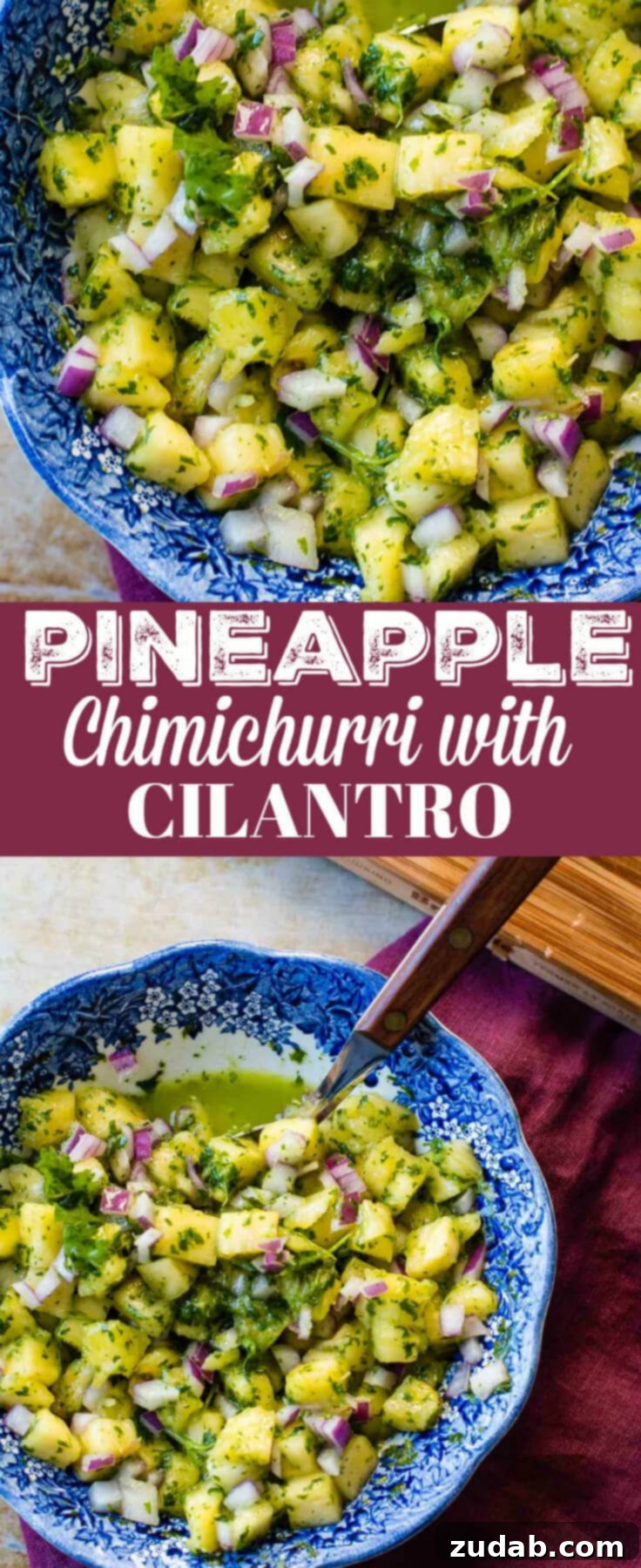 Bowl of Fresh Pineapple Cilantro Chimichurri A vibrant bowl of freshly made 5-Minute Pineapple Cilantrol Chimichurri, showcasing its rich green color and chunky texture, ready to be served.