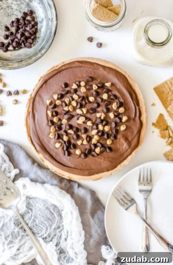 Decadent French Silk Pie Crafted At Home 5 Easy No-Bake Peanut Butter Nutella Cheesecake garnished with chocolate shavings.