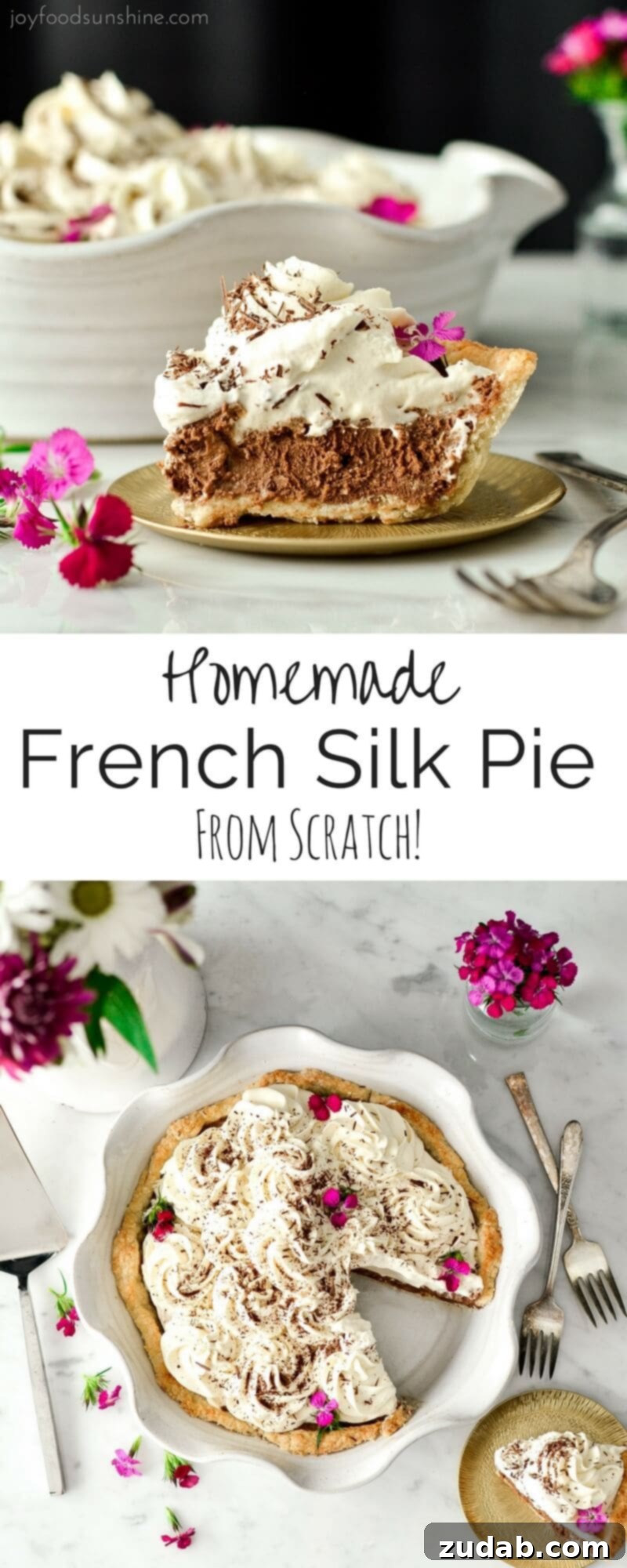 Gourmet Homemade French Silk Pie A beautifully garnished slice of Homemade French Silk Pie.