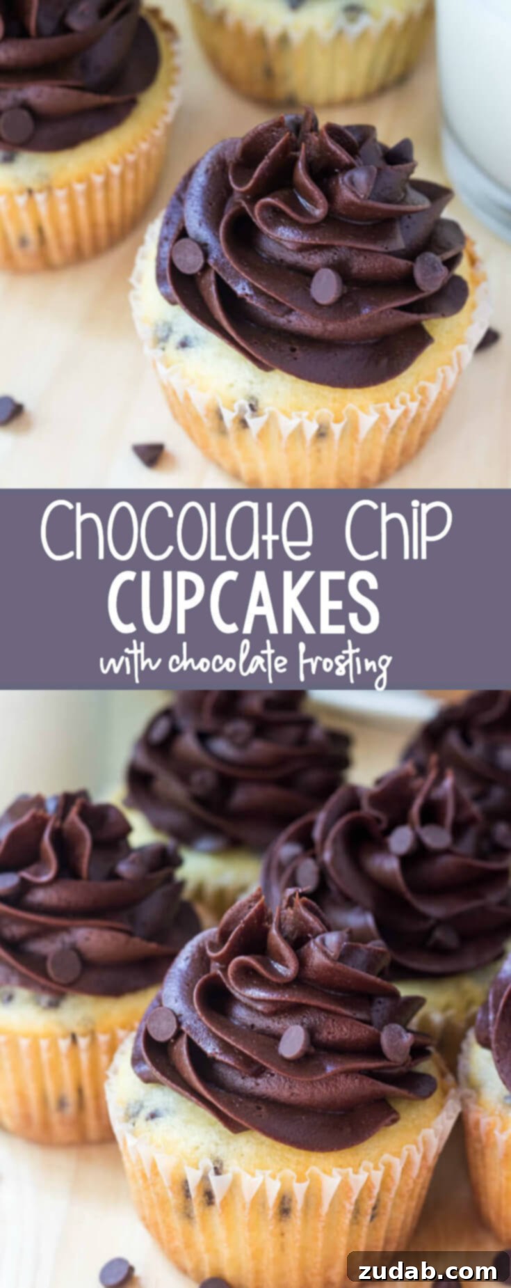 Double Chocolate Delight Cupcakes 7 Stacked vanilla chocolate chip cupcakes with chocolate frosting, highlighting the perfect balance of flavors and textures.