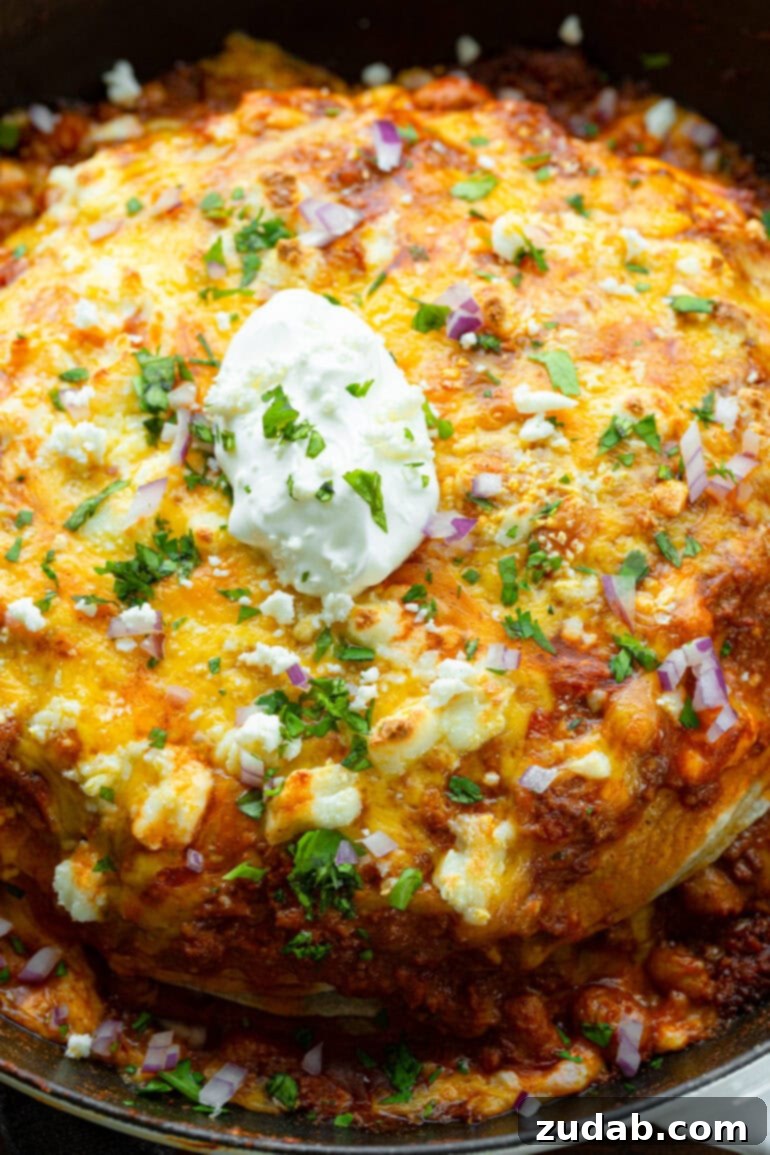 One Pan Cheesy Beef Enchilada Bake 10 a photo taken over the top of ground beef enchilada casserole topped with a dollop of sour cream, fresh cilantro and diced red onions