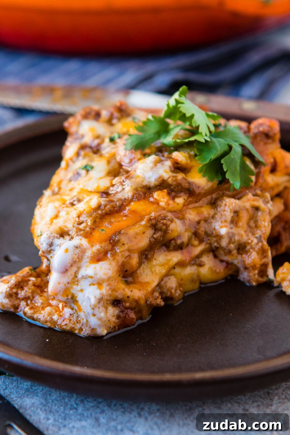 One Pan Cheesy Beef Enchilada Bake 4 a photo of a slice of ground beef enchilada casserole topped with a few cilantro leaves