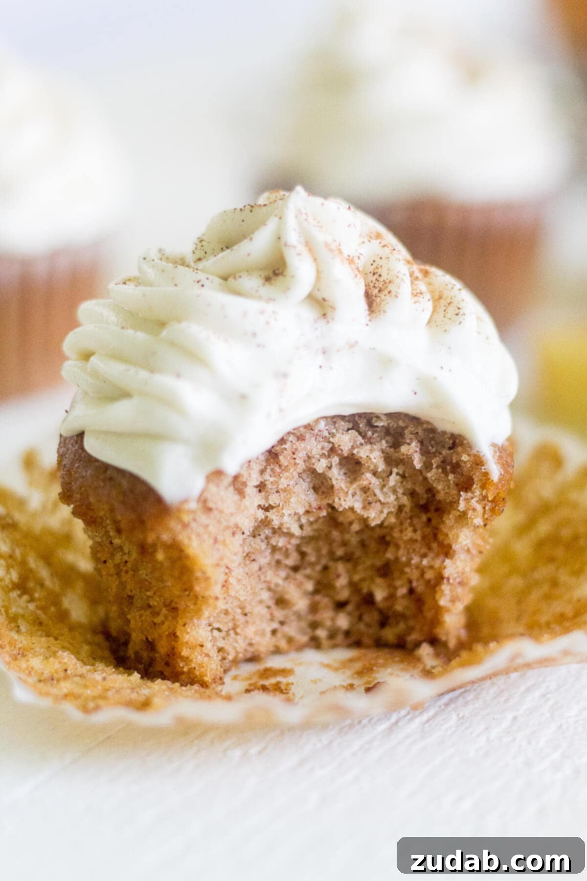 Warm Apple Cider Cupcakes with Spiced Cream Cheese Frosting 6 an apple cinnamon cupcake with a bite missing