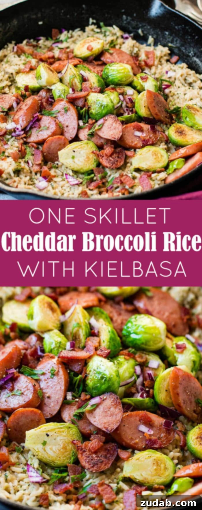 One Pan Cheesy Kielbasa Broccoli Rice 10 Delicious one skillet cheddar broccoli rice with kielbasa, garnished with parsley.