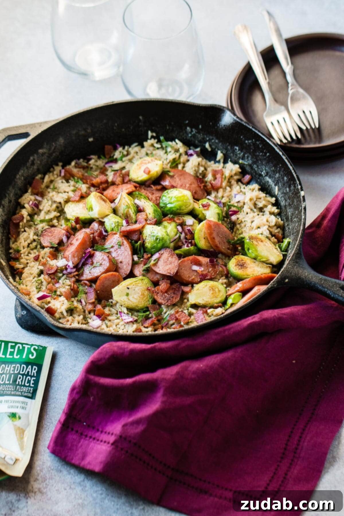 One Pan Cheesy Kielbasa Broccoli Rice 6 Who doesn't love kielbasa? One skillet cheddar broccoli rice with kielbasa is ready in less than 30 minutes!