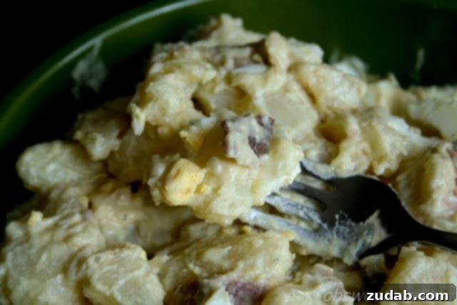 Smoky Creamy Bacon Potato Sensation 3 Close-up of the creamy texture of the Bacon Potato Salad, featuring visible chunks of potato and bacon.