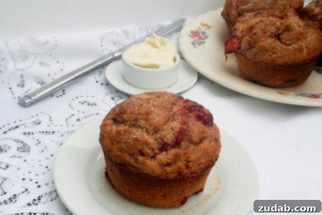 Sweet Strawberry Muffins 4 A close-up shot of a single whole wheat strawberry muffin, highlighting its fluffy texture and delicious toppings.