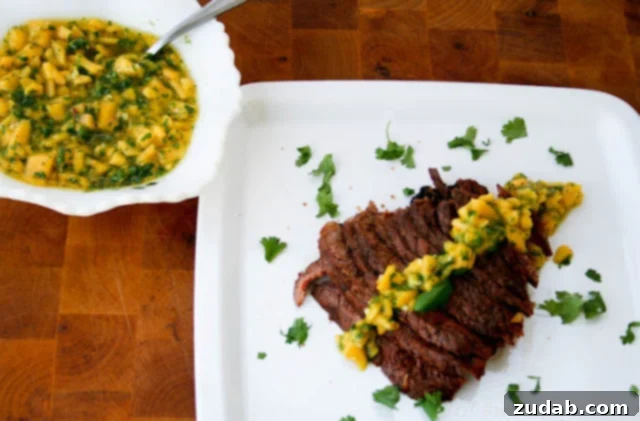 Grilled Flank Steak with Sun-Kissed Mango Chimichurri 4 Perfectly Cooked Grilled Flank Steak with Mango Chimichurri