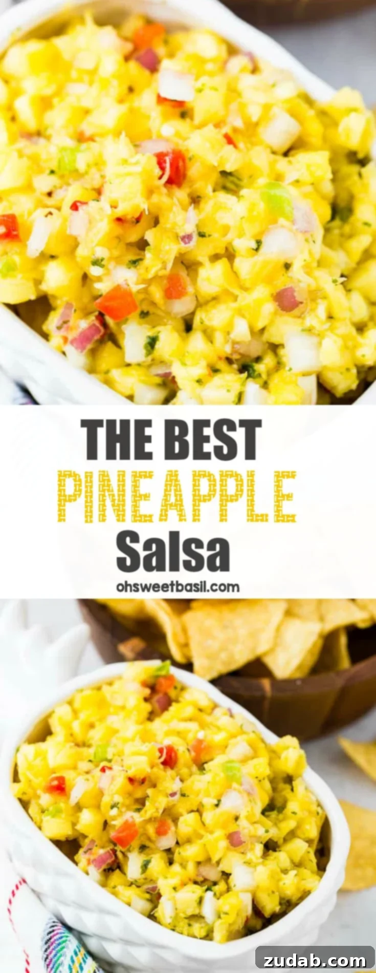 Ultimate Pineapple Salsa 6 A large white serving platter artfully arranged with a generous portion of fresh pineapple salsa, garnished with fresh herbs and surrounded by colorful bell peppers and red onion, inviting guests to serve themselves.