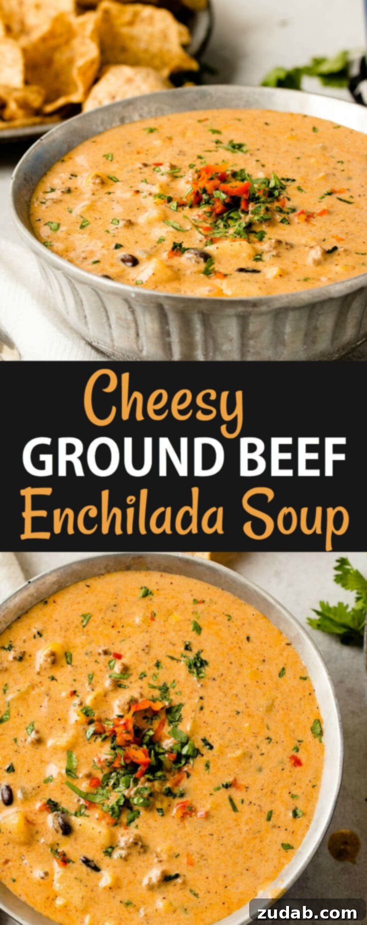 Cheesy Ground Beef Enchilada Chili 7 A beautifully plated bowl of Cheesy Ground Beef Enchilada Chili, perfectly garnished and ready to be served alongside crunchy tortilla chips, showcasing its inviting texture and rich color. This easy chili recipe is a crowd-pleaser.