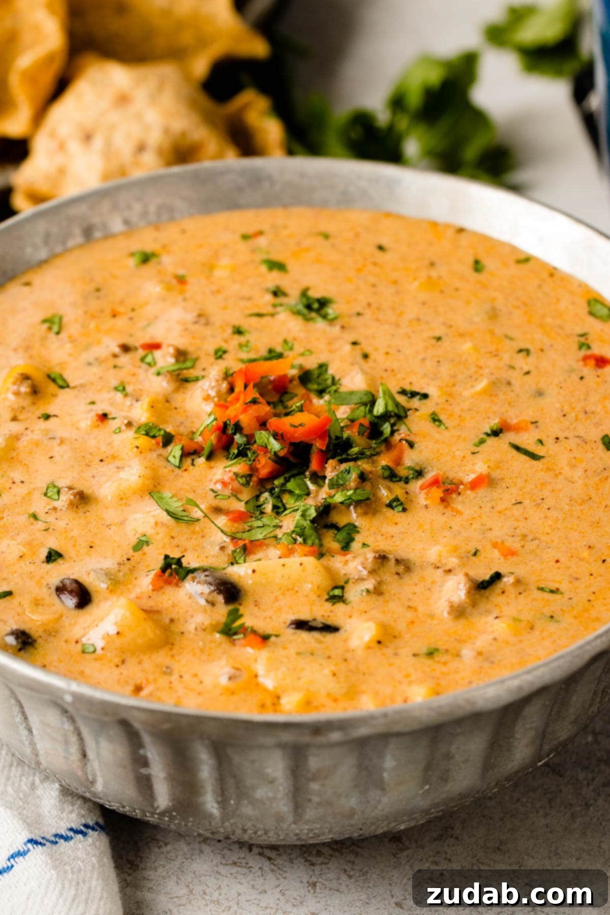Cheesy Ground Beef Enchilada Chili 3 Close-up of a spoon scooping Cheesy Ground Beef Enchilada Chili, showcasing the rich texture and melty cheese. This award-winning chili recipe is incredibly easy to make with simple ingredients.
