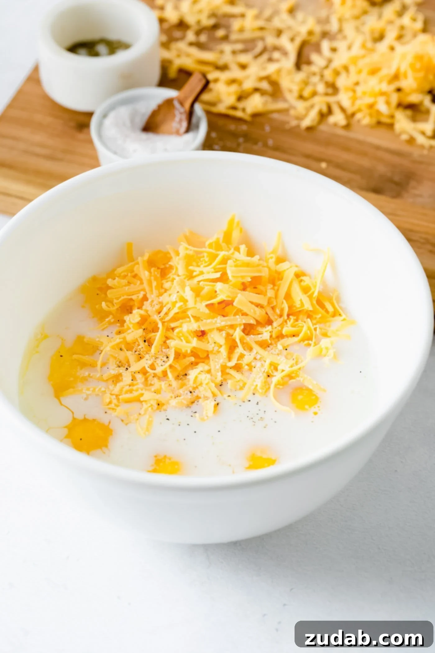 The Best Scrambled Eggs A bowl of raw eggs with milk and cheese. Salt and shredded cheese are in the background.