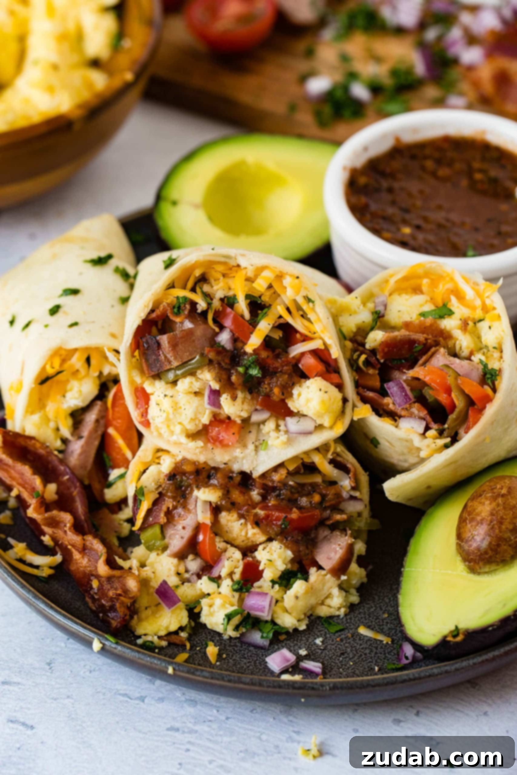 Spiced Apple Sausage Morning Wraps 5 A plate of breakfast burritos. The burritos are stuffed with scrambled eggs, bacon, sausage, and peppers. There is a bowl of salsa on the side, and an avocado that is cut in half.