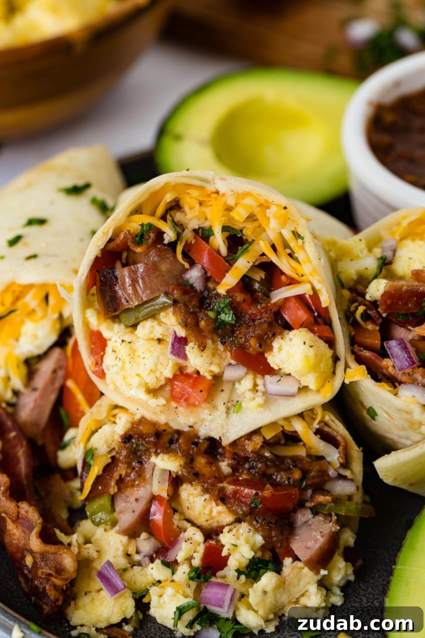 Spiced Apple Sausage Morning Wraps 6 Apple chicken sausage burritos. The are stuffed with sausage, bacon, scrambled eggs, cheese, and peppers. There is a bowl of salsa and an avocado that is cut in half in the background.